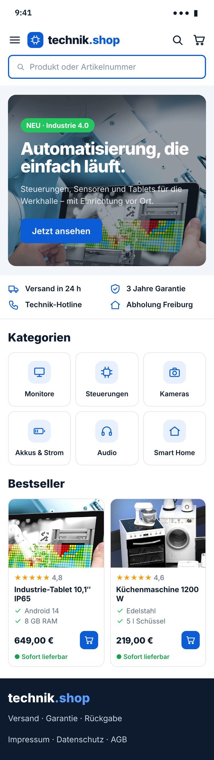 Shop-Beispiel Technik – klar und strukturiert: Startseite auf dem Smartphone