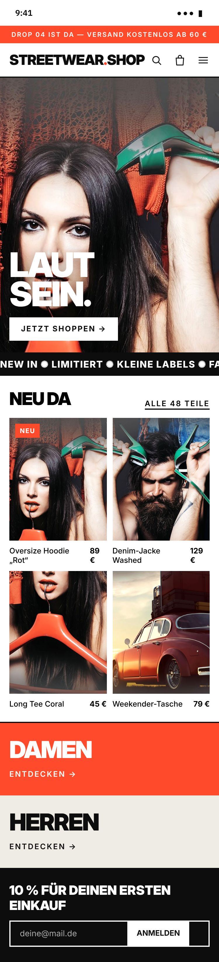 Shop-Beispiel Mode – editorial und mutig: Startseite auf dem Smartphone