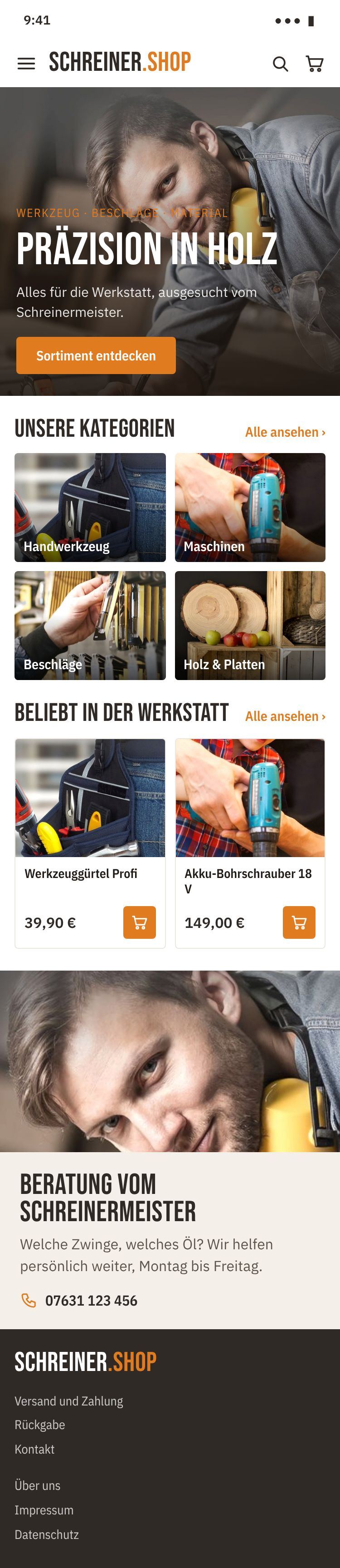 Shop-Beispiel Handwerk – sachlich und kräftig: Startseite auf dem Smartphone