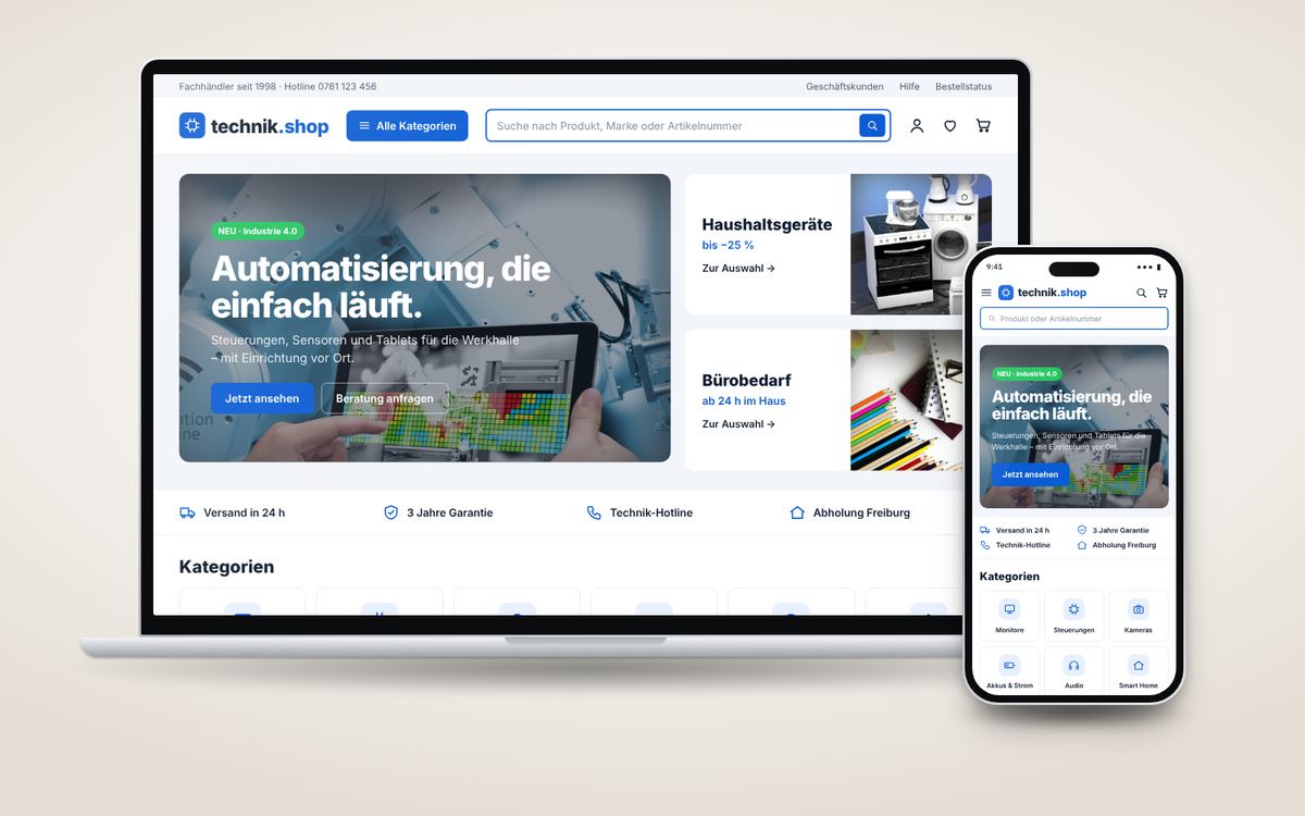 Shop-Beispiel Technik – klar und strukturiert: Laptop und Smartphone
