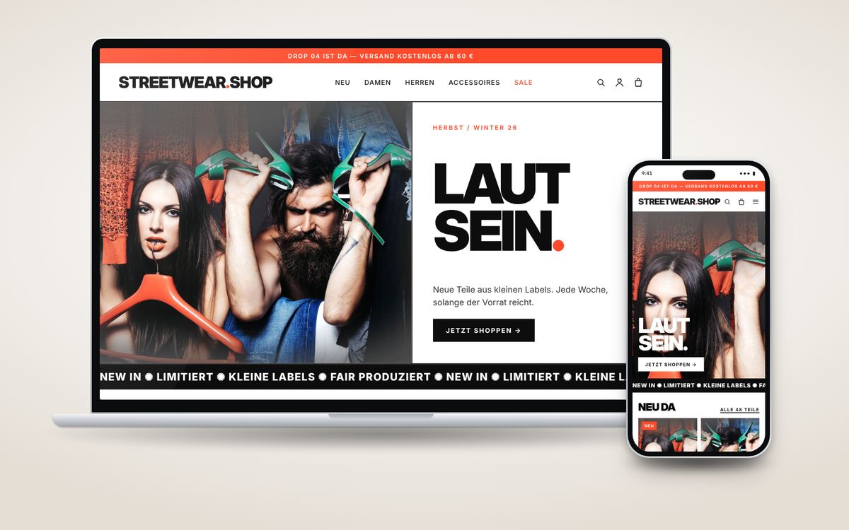 Shop-Beispiel Mode – editorial und mutig: Laptop und Smartphone