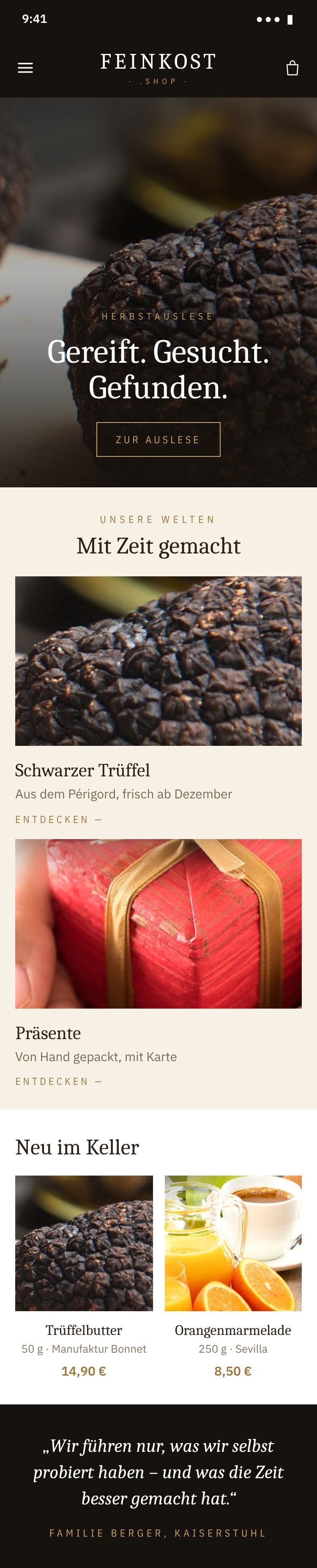 Shop-Beispiel Genuss – bildstark und edel: Startseite auf dem Smartphone