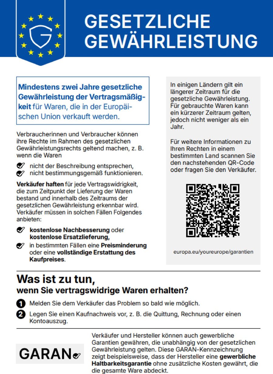 Harmonisierter EU-Hinweis zur gesetzlichen Gewährleistung in der deutschen Fassung: mindestens zwei Jahre Gewährleistung, Rechte bei vertragswidrigen Waren, QR-Code zu europa.eu und Beispiel für das GARAN-Label