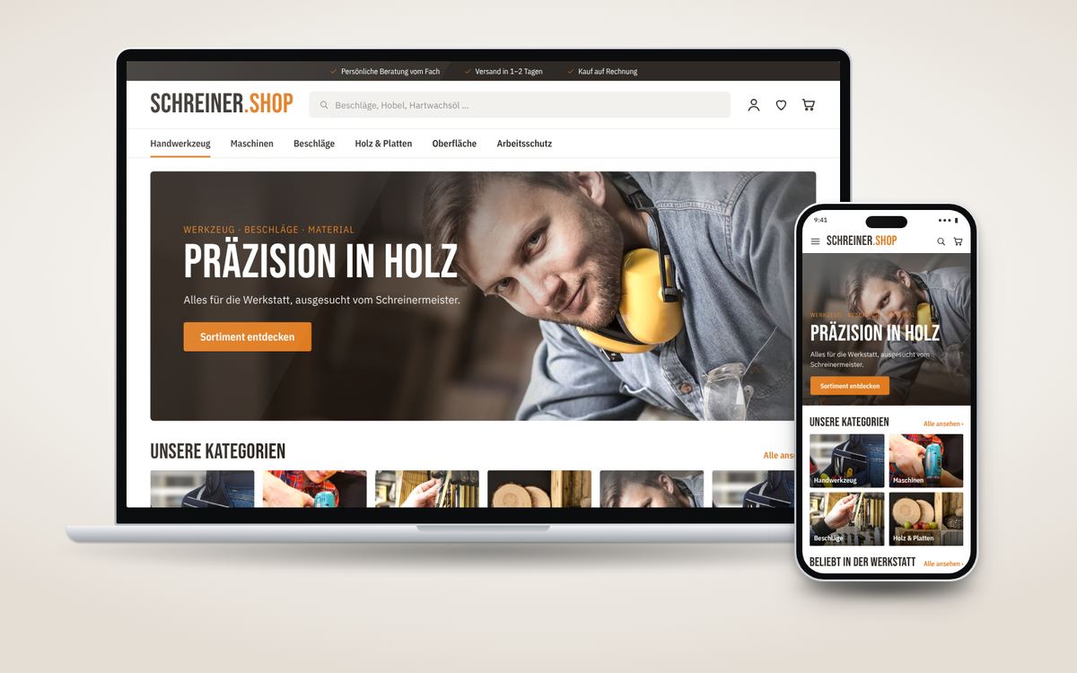 Shop-Beispiel Handwerk – sachlich und kräftig: Laptop und Smartphone